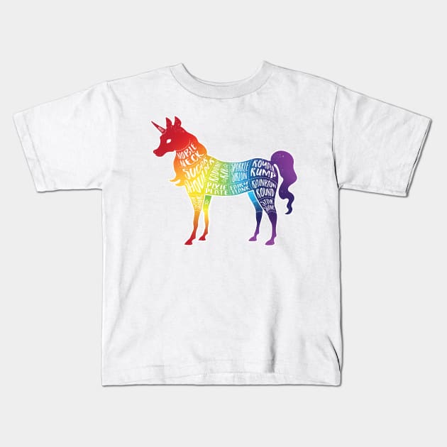 Rainbow Unicorn - Fantasy Butcher - Cuts of Meat Kids T-Shirt by AliceQuinn